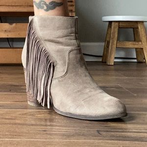Tan suede fringe booties